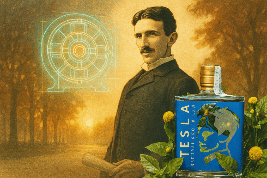 Nikola Tesla con schema motore AC e bottiglia Tesla Natural Shock Gin tra fiori elettrici