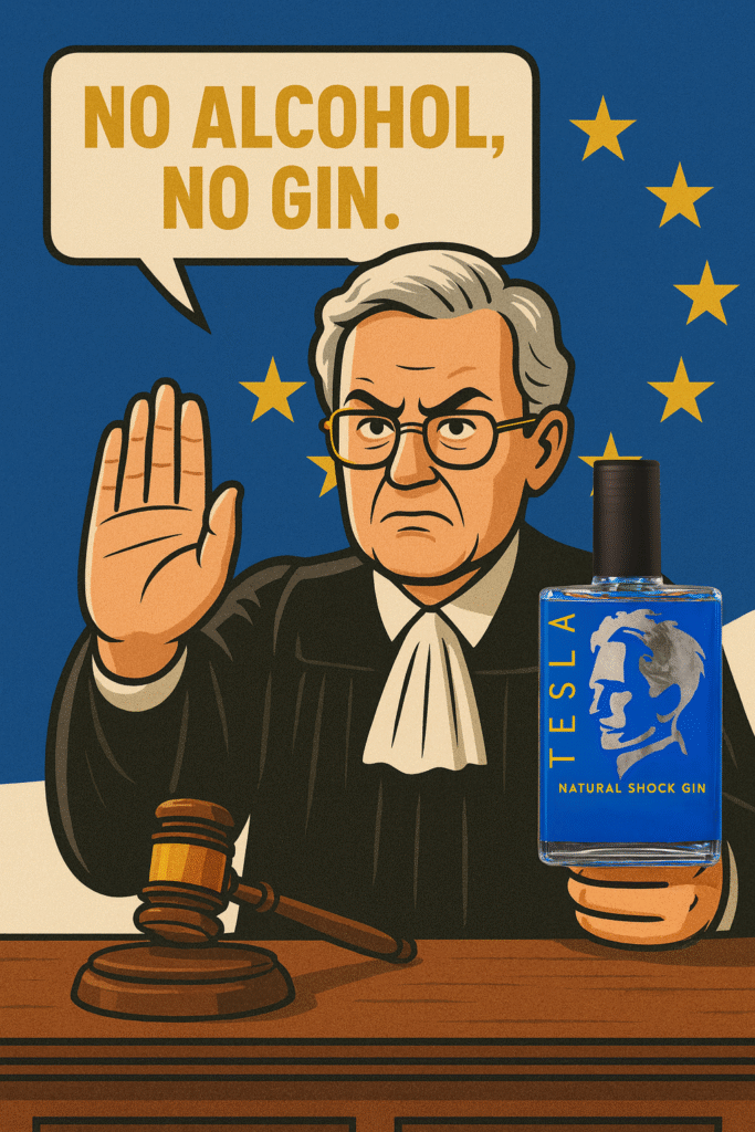 Giudice europeo che alza la mano e dice "No alcohol, no gin" tenendo una bottiglia di Tesla Gin.